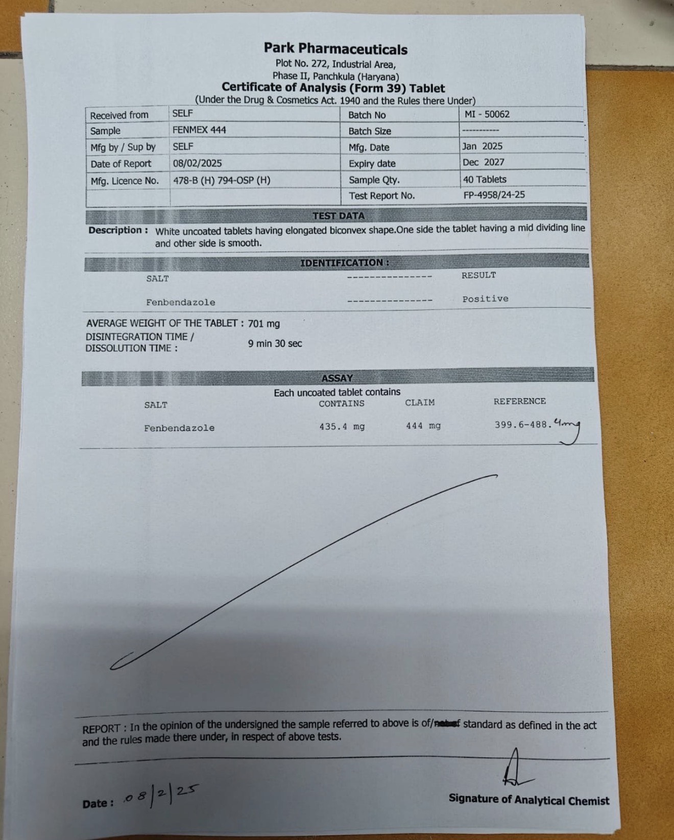 Fenbendazole COA - Park Pharmaceuticals